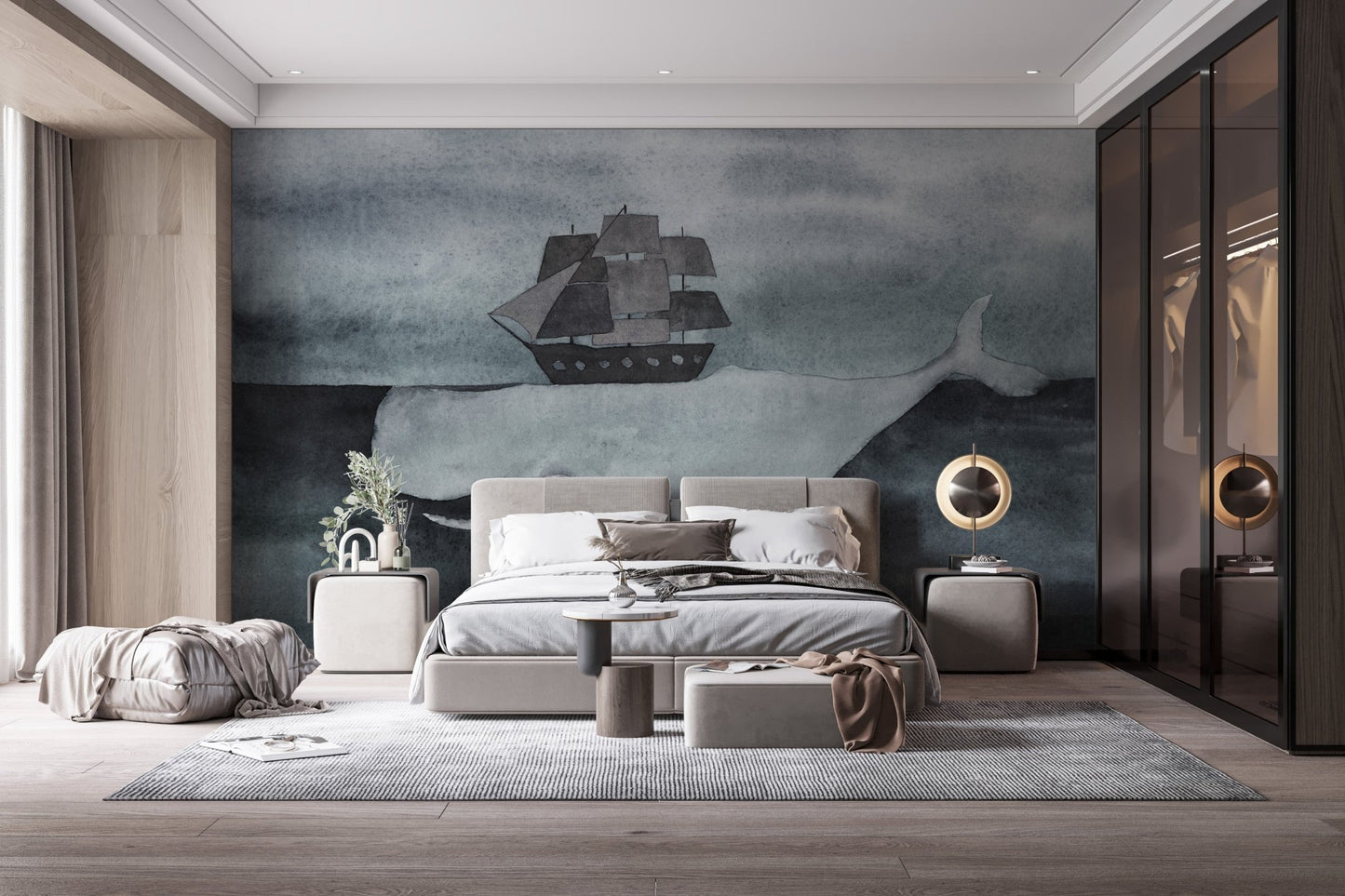 Minimalist bedroom wall mural with a grey whale and ship illustration.