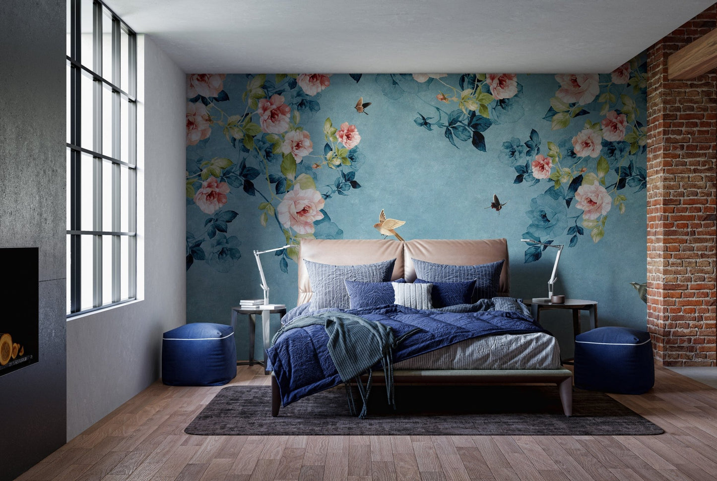 Industrial style bedroom with blue bedding and pink floral wall mural.