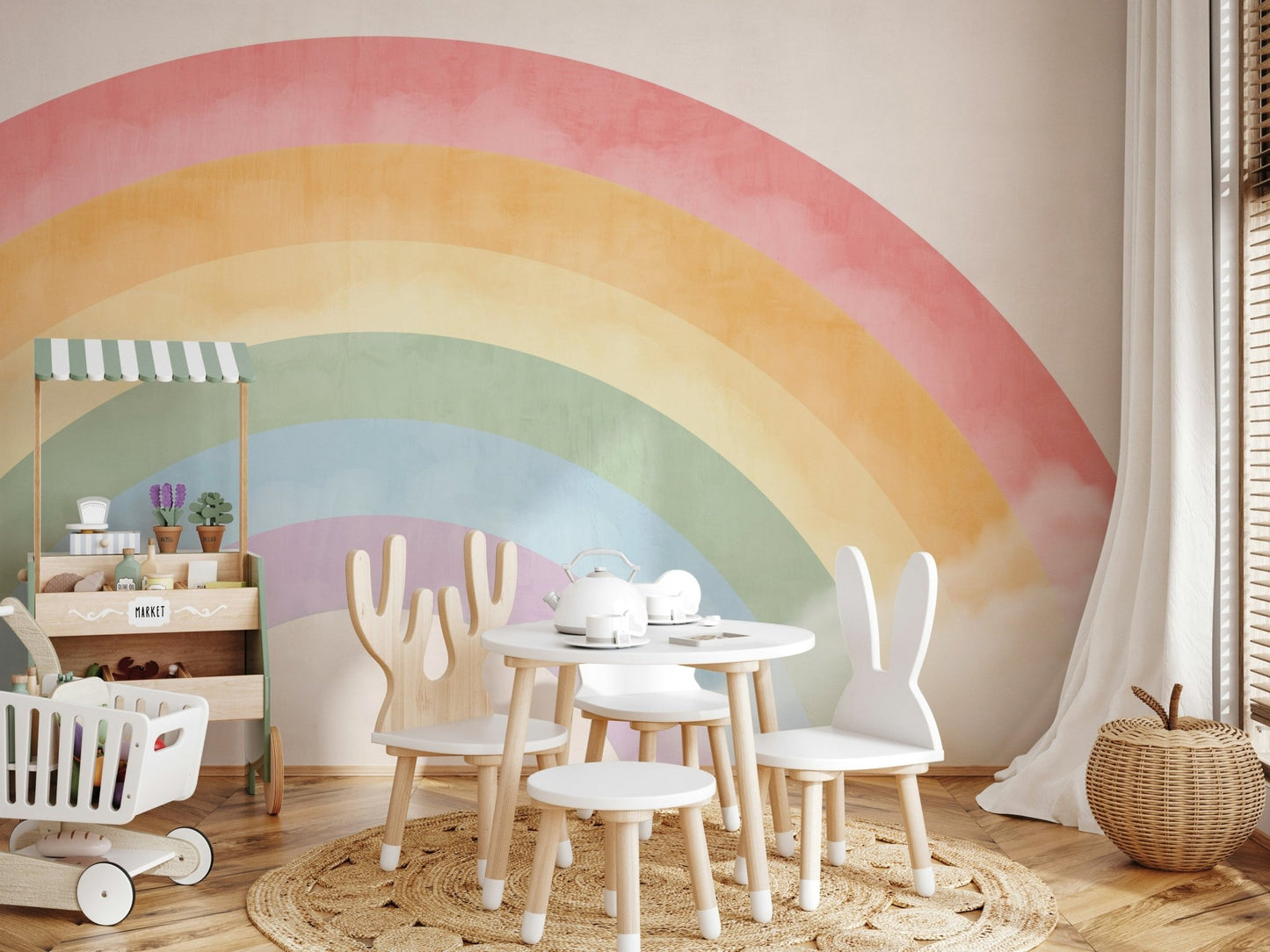 Bold atmospheric scene on a large feature wall in a playroom.