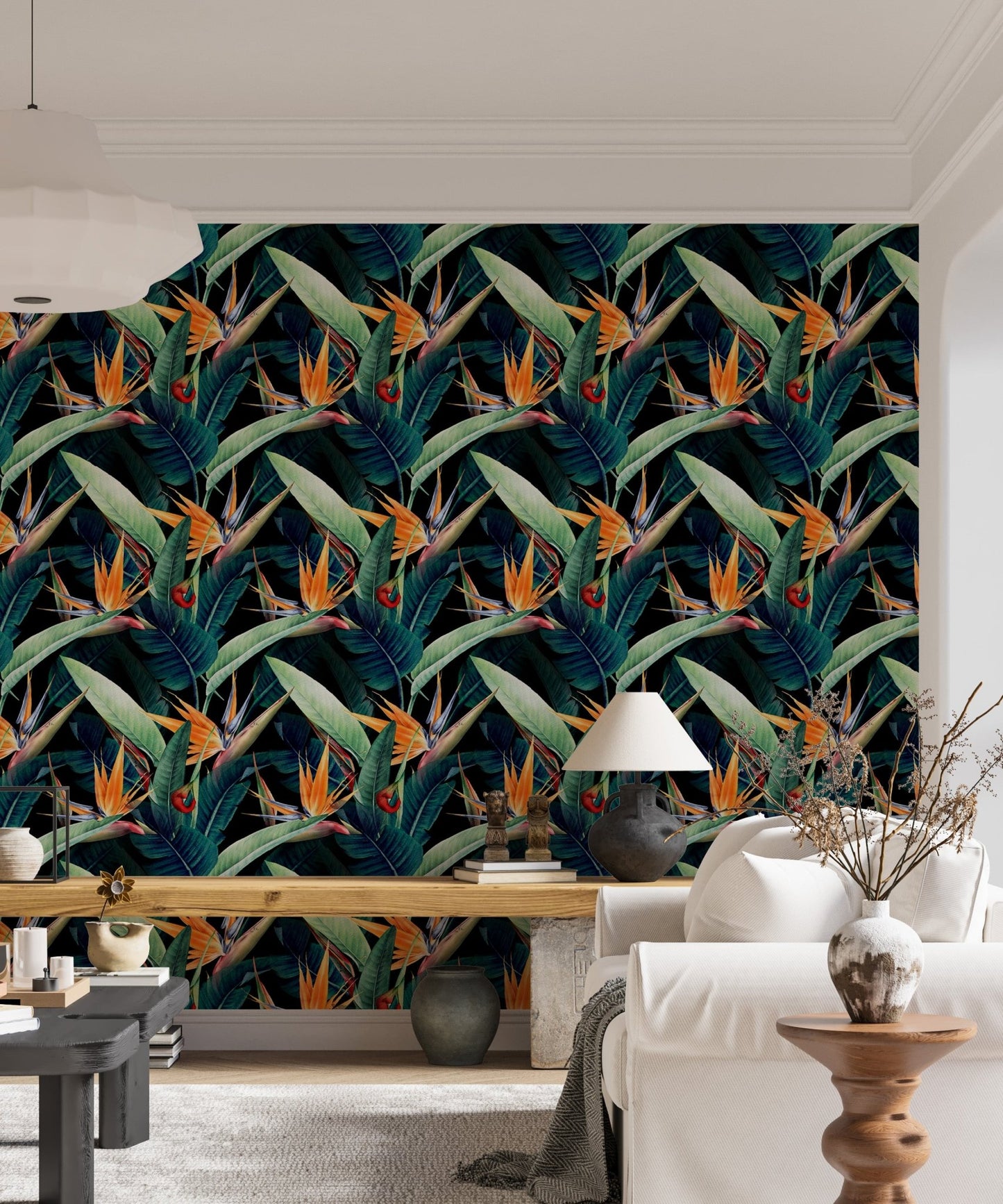 Creative wallpaper mural for a modern living space accent wall.