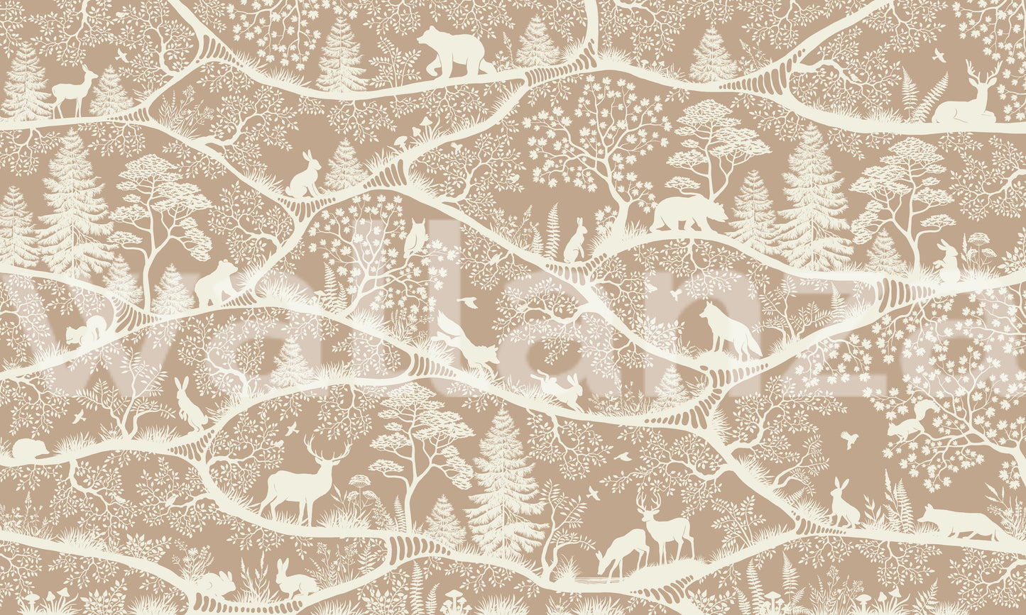 Detailed nature animal wall mural showing bears and deer in a forest.
