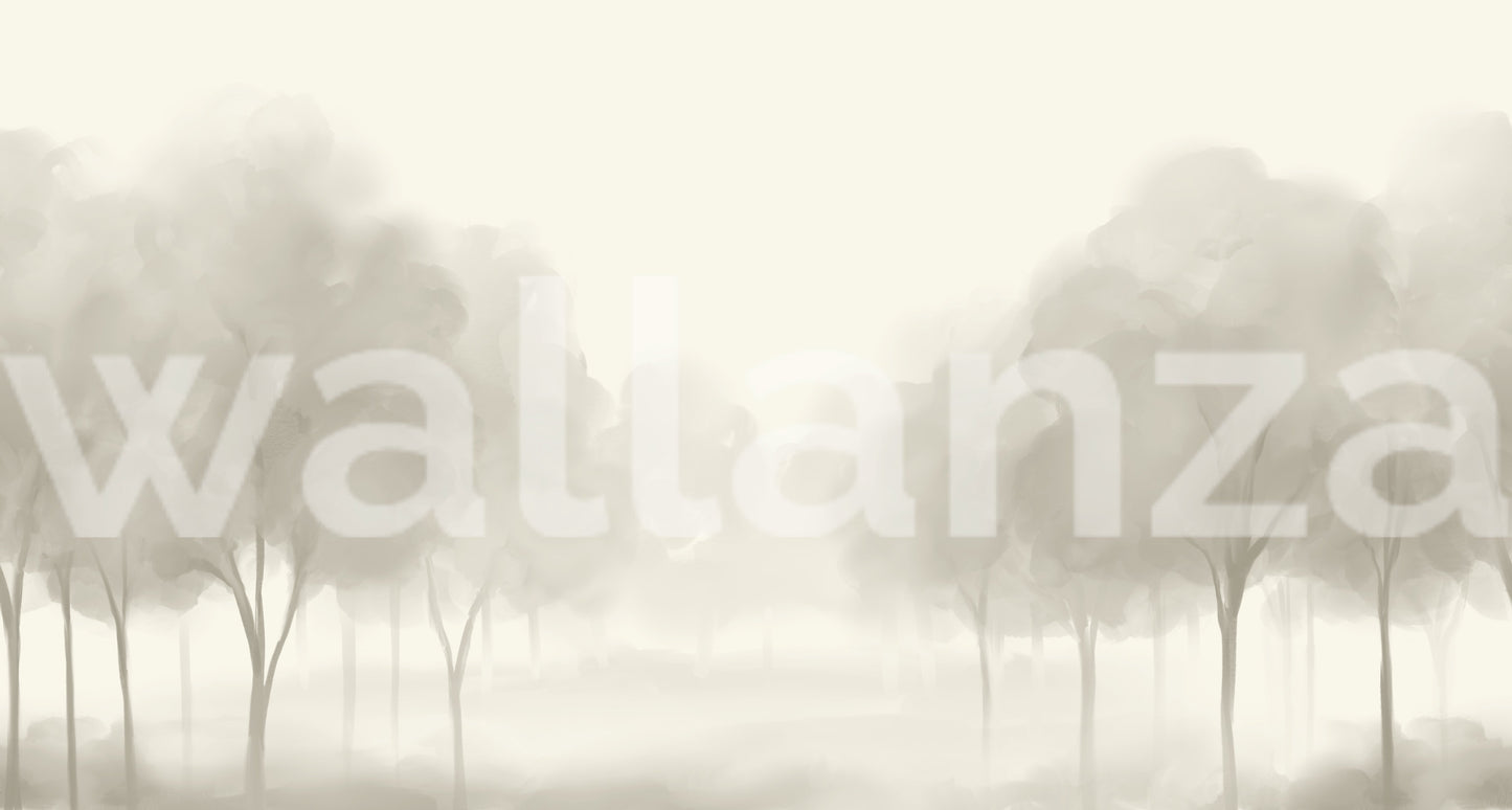 Monochromatic pale grey Blooms wall mural showcasing misty woodland art.
