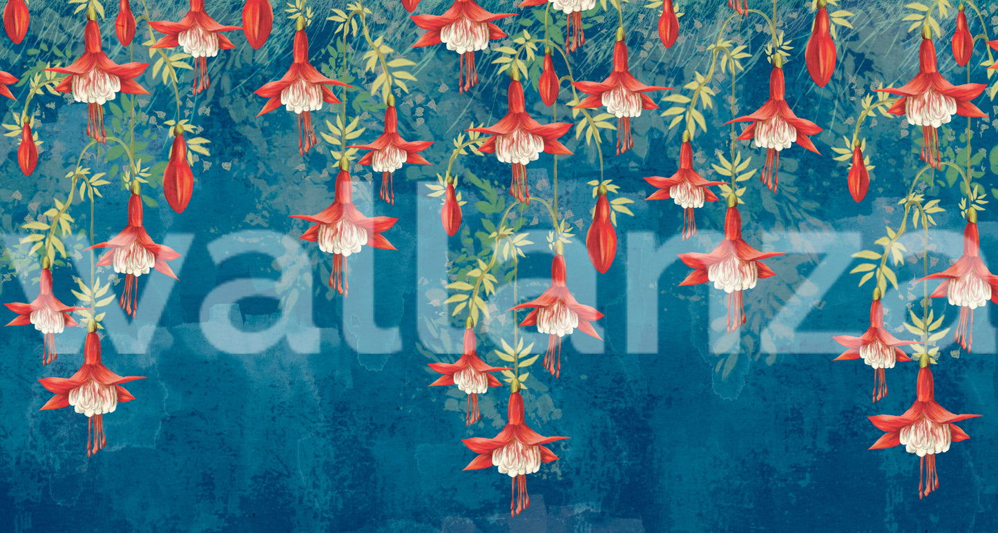 Midnight Garden Fuchsia wall mural with Vibrant red flowers on a dark blue canvas.