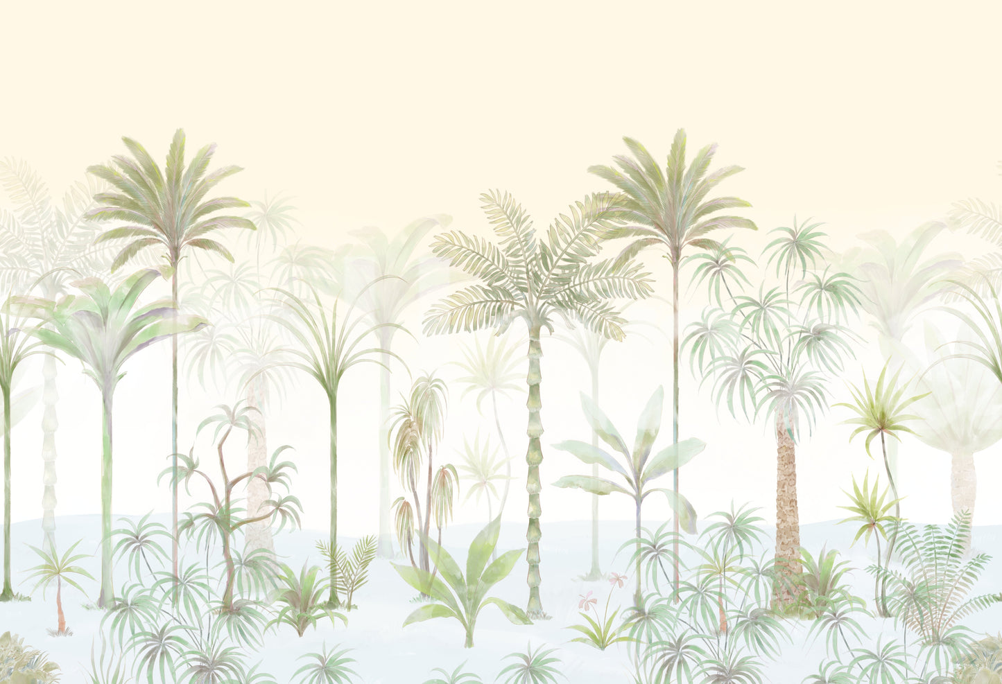 Wall mural of painterly palm scene with sage green fronds and dusty taupe trunks.