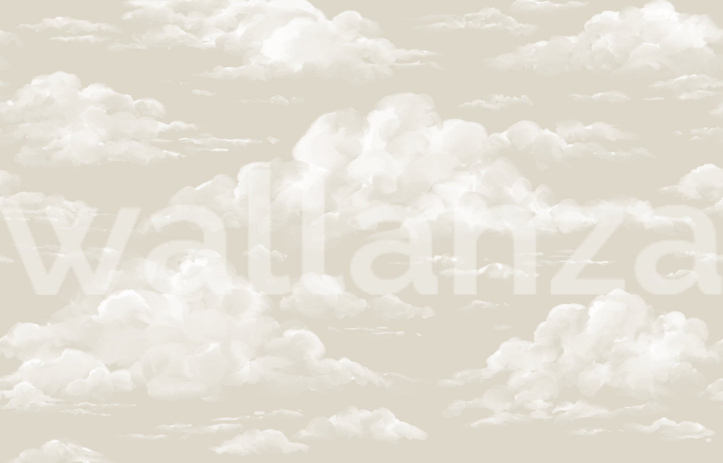 Wall mural of soft ivory clouds with watercolor brushwork over a neutral beige base tone.