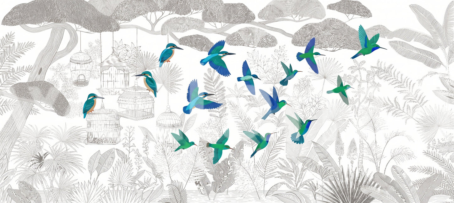 Enchanted Canopy Sketch with Colorful Flying Birds Wall Mural