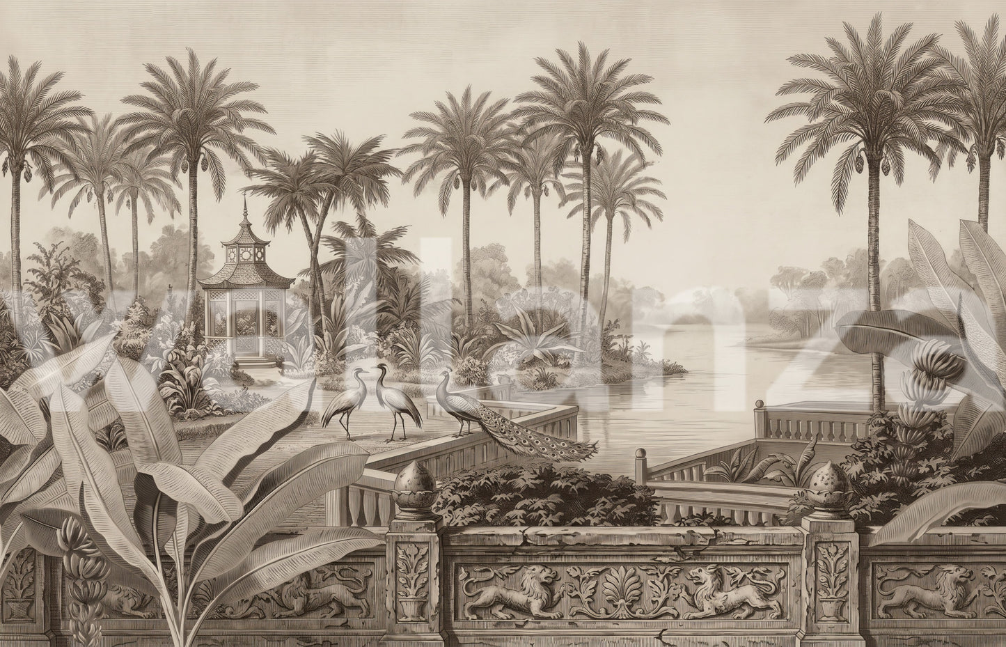 Vintage Chinoiserie Peacock and Palms Wall Mural