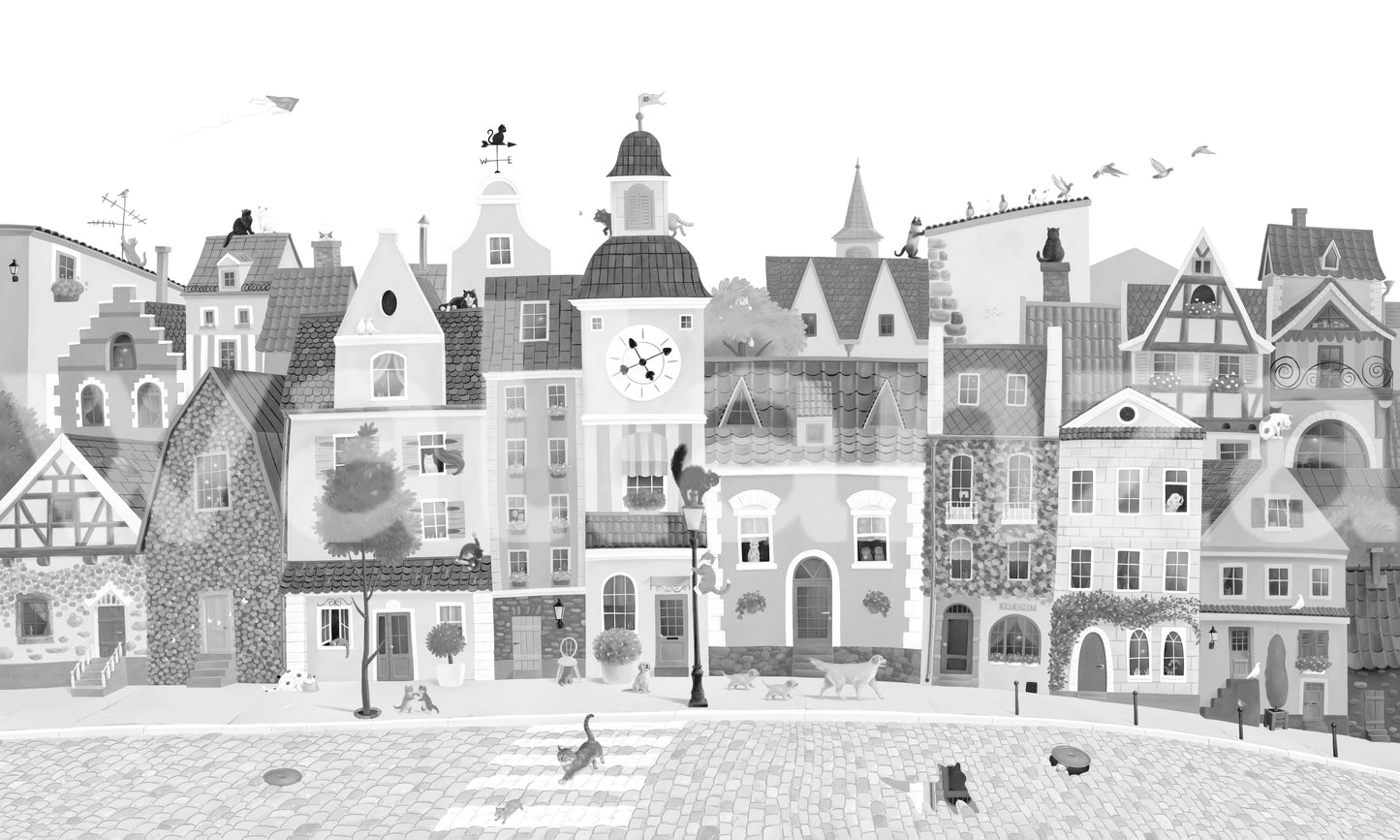 Charming European Village Cat and Dog Scene Wall Mural