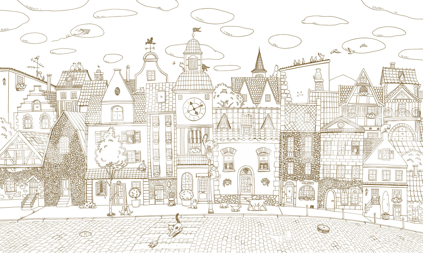 Charming Cats Of The Old Town Illustration Wall Mural