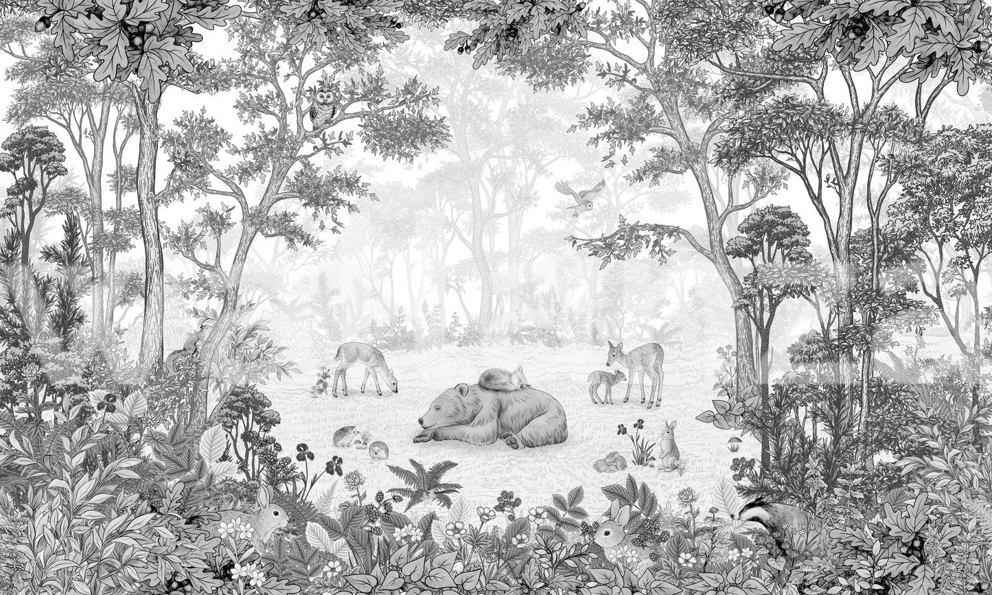 Monochrome Woodland Animals Forest Scene Wallpaper Wall Mural