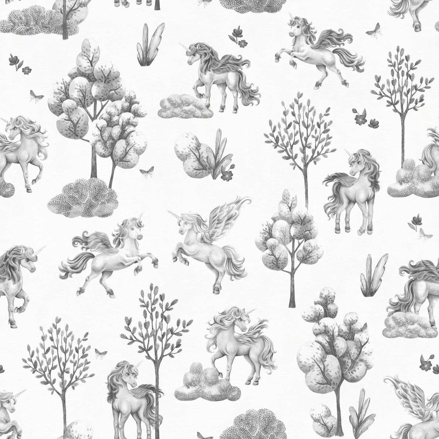 Whimsical Unicorn and Butterfly Woodland Pattern Wallpaper