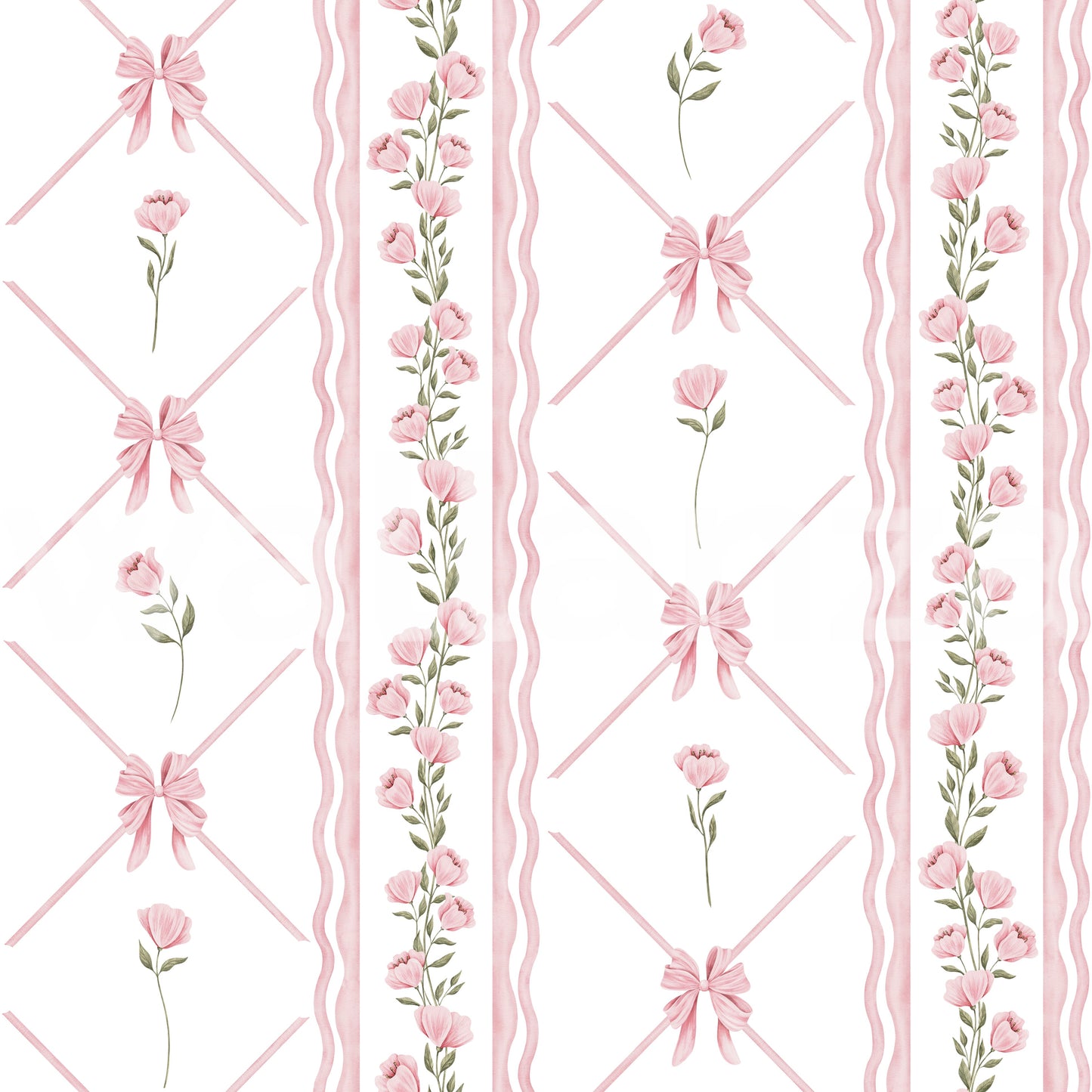 Delicate Pink Ribbon and Floral Stripe Wallpaper Wallpaper