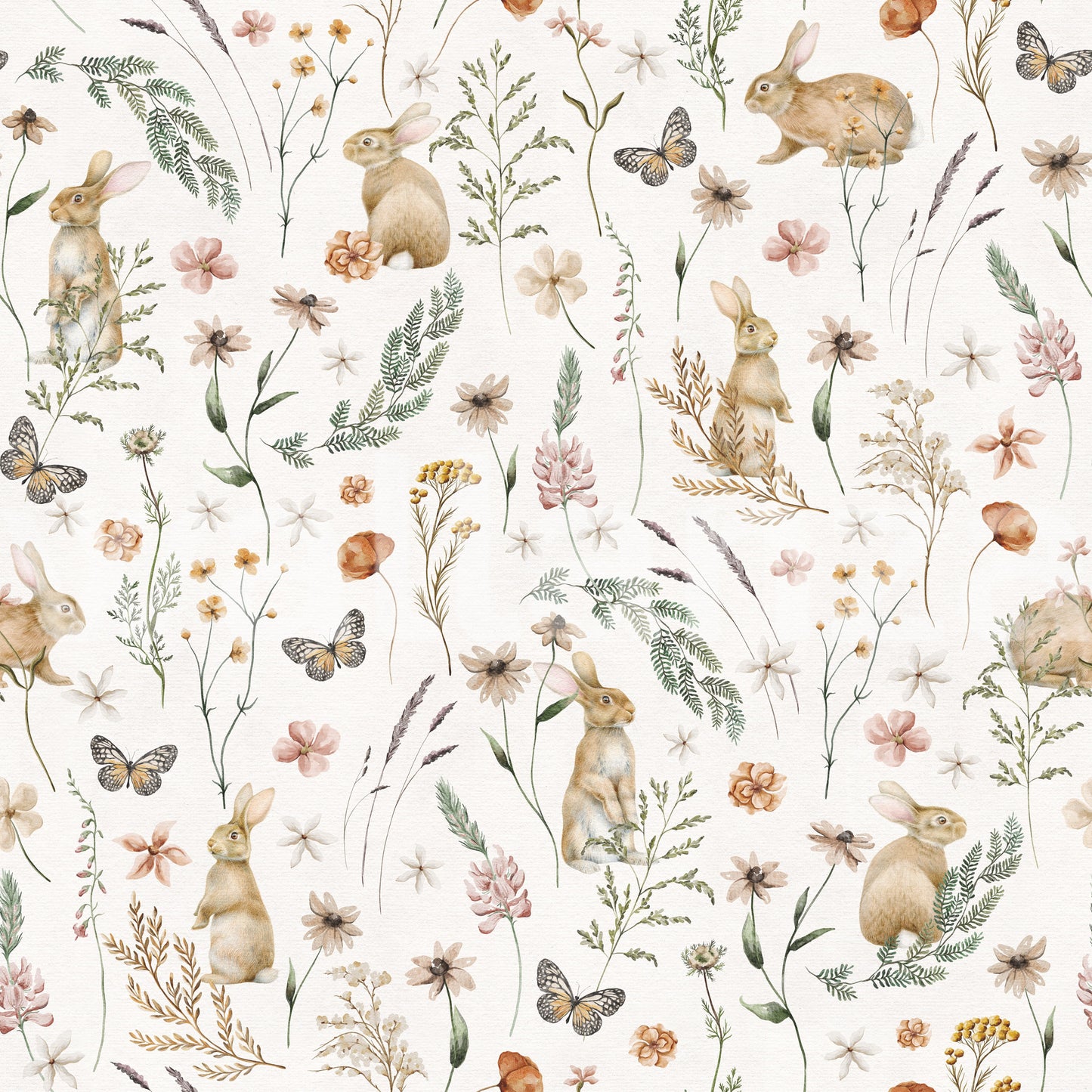 Enchanted Woodland Rabbit and Wildflower Meadow Scene Wallpaper