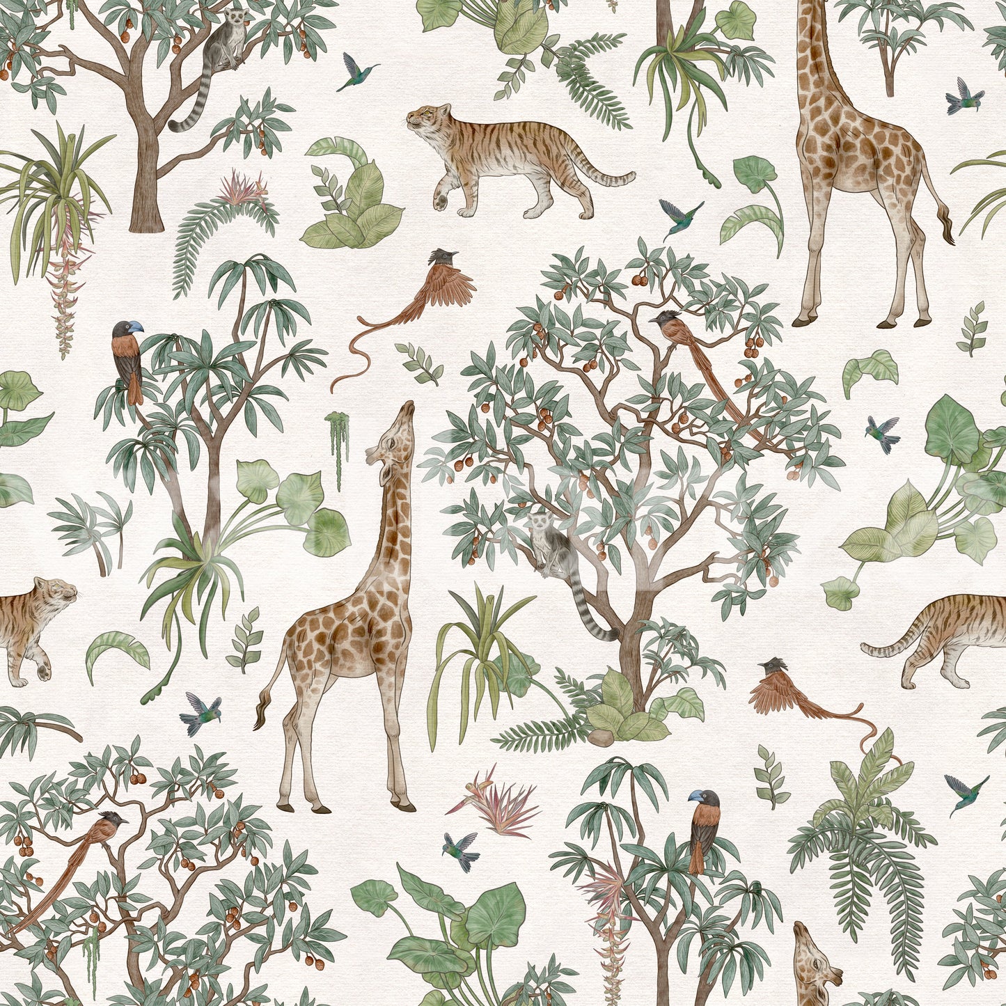 Enchanted Safari Animals and Tropical Foliage Wallpaper Wallpaper