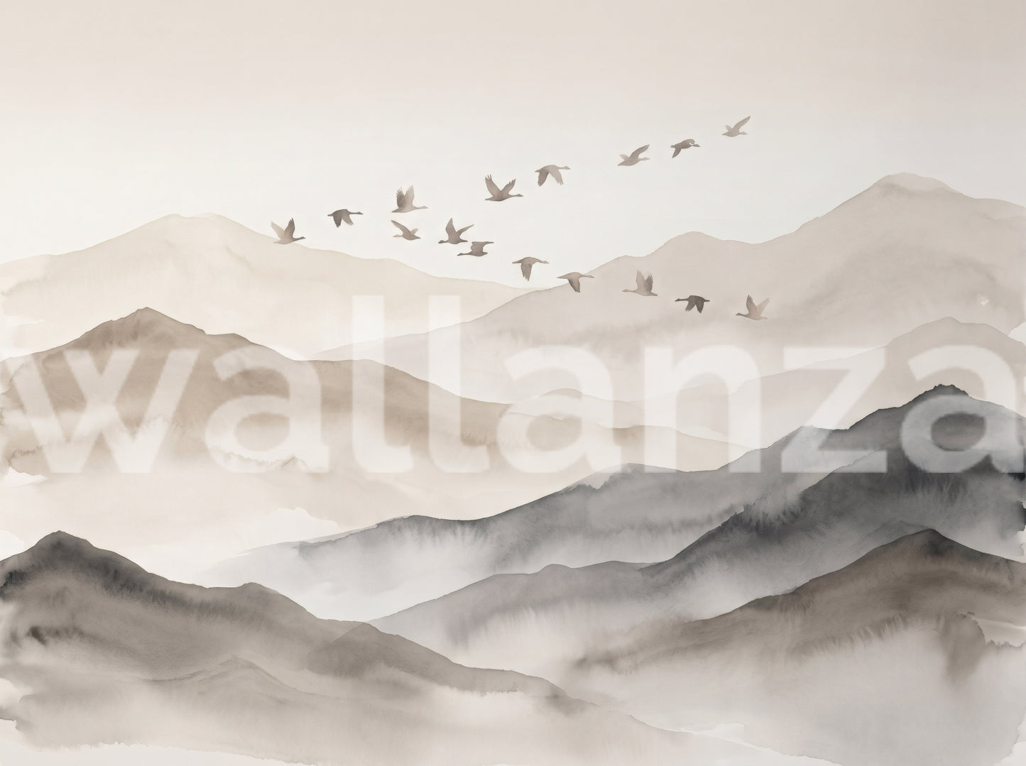 Ethereal Flock Over Misty Peaks Wall Mural Wall Mural