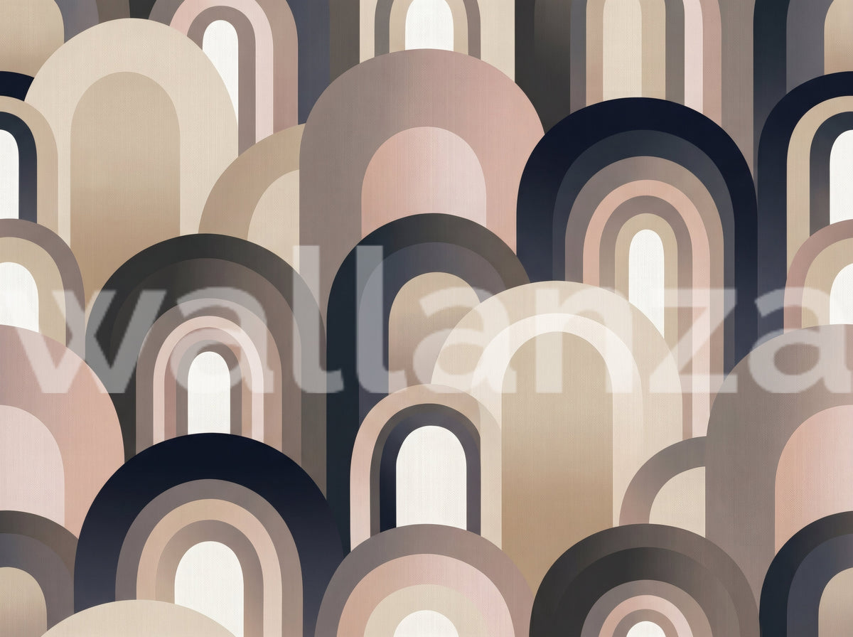 Earth tone arch wall mural with nested blush, taupe and navy curved bands