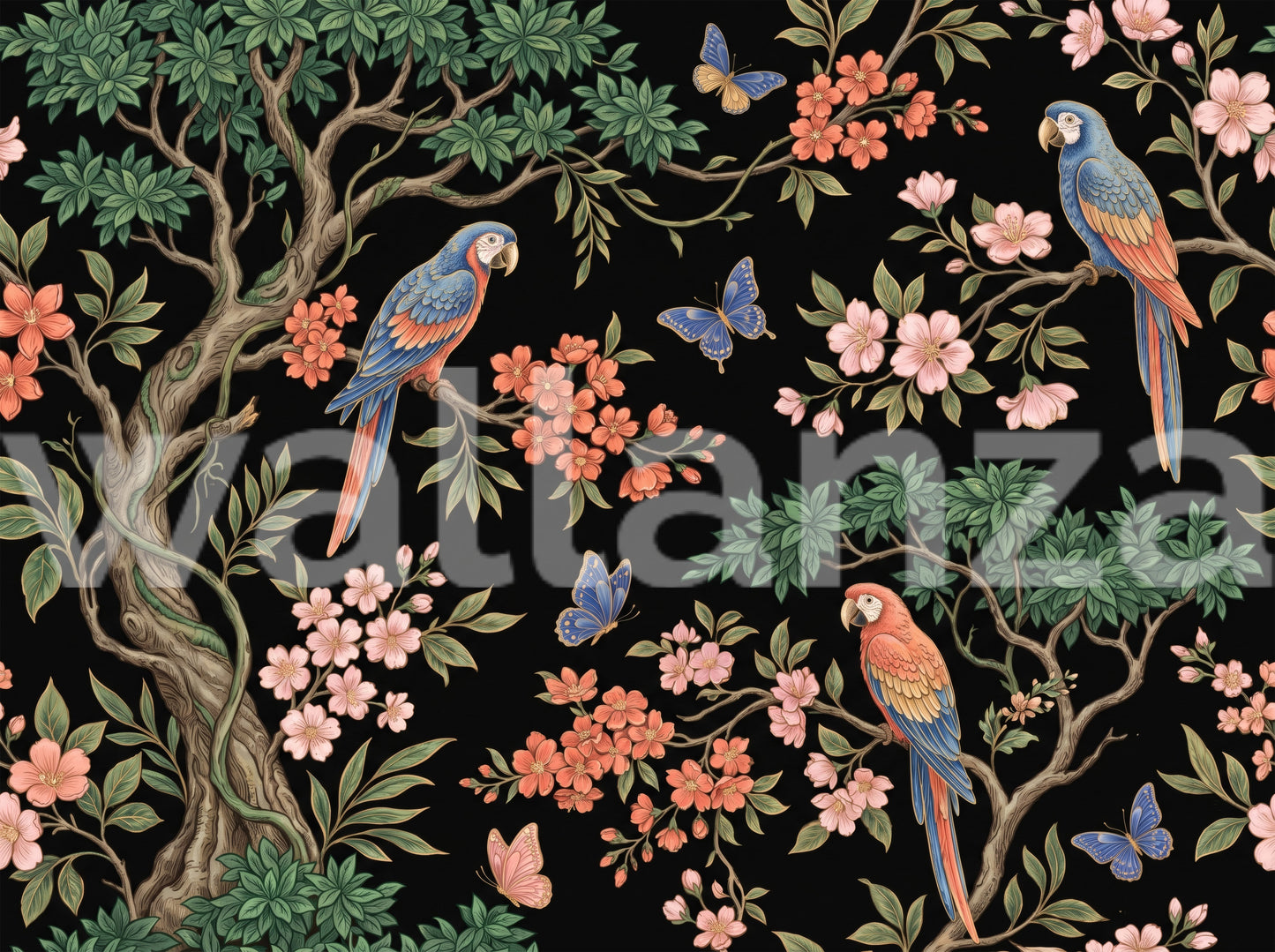 Exotic Tropical Garden Parrot and Butterfly Wallpaper Wall Mural