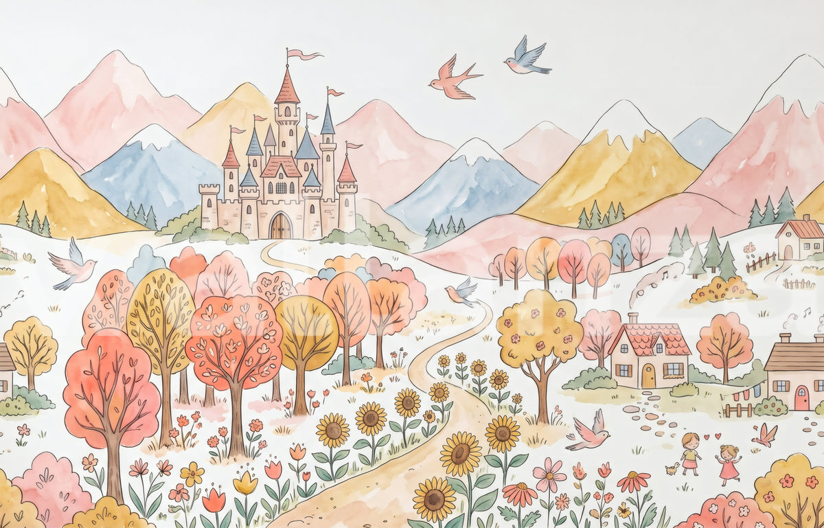 Fairytale castle mural with pastel peaks, blush trees and sunflowers
