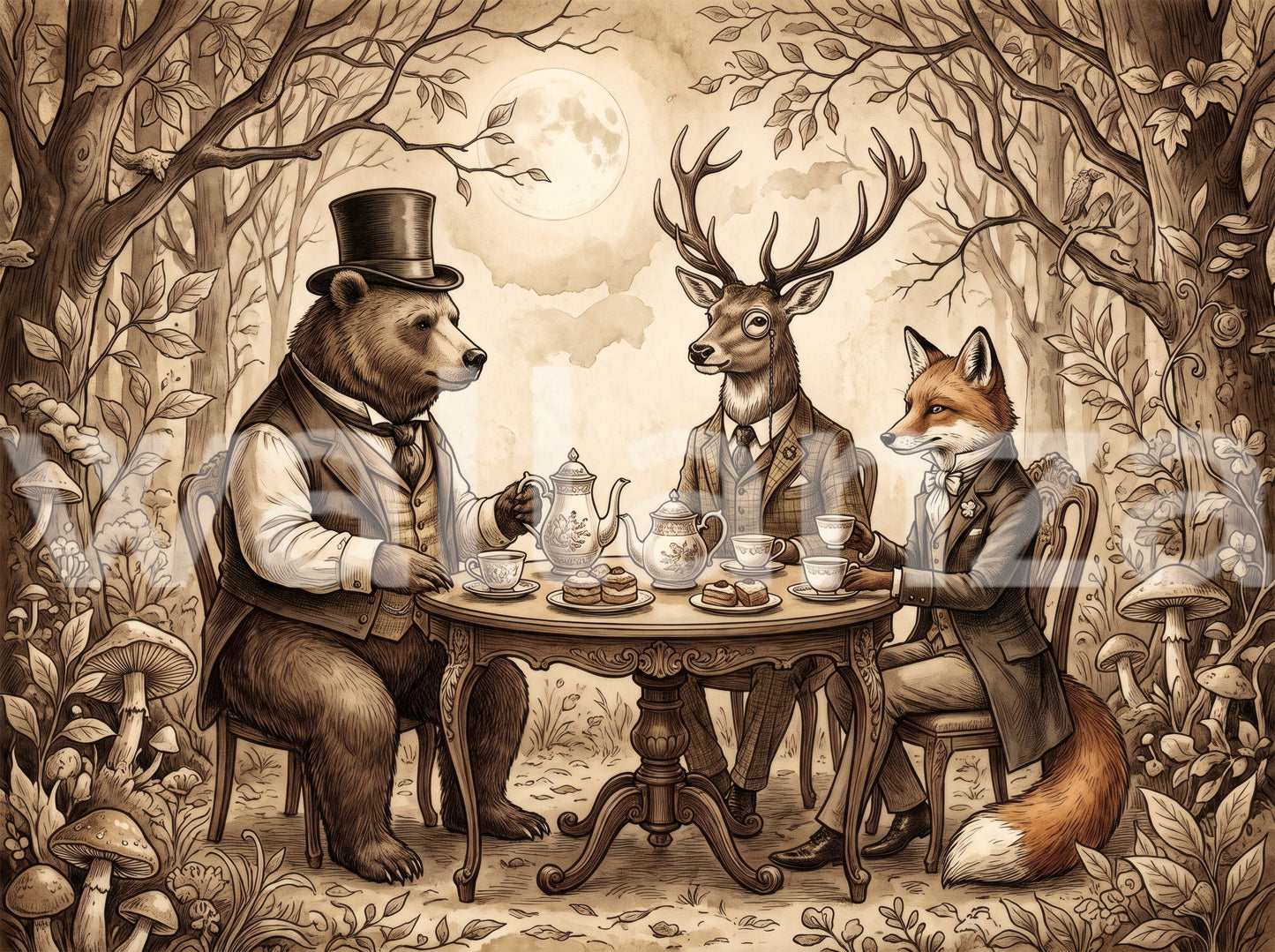 Elegant Forest Animal Tea Party Sepia Wallpaper Wall Mural