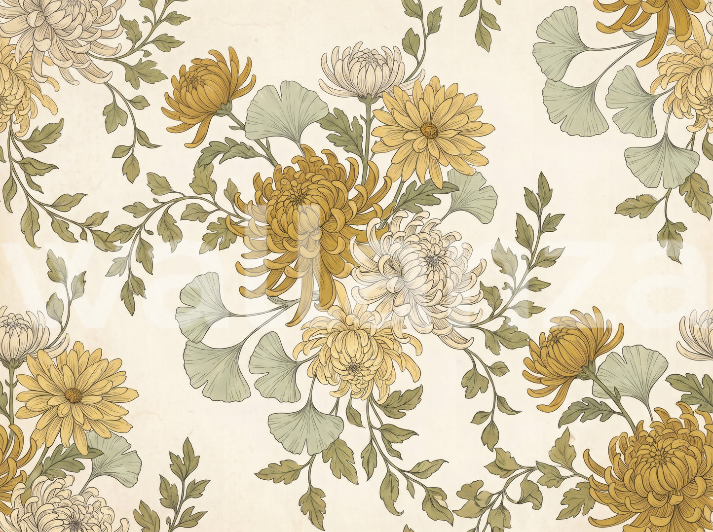 Vintage Gold Chrysanthemum Botanical Garden Floral Wallpaper Wall Mural