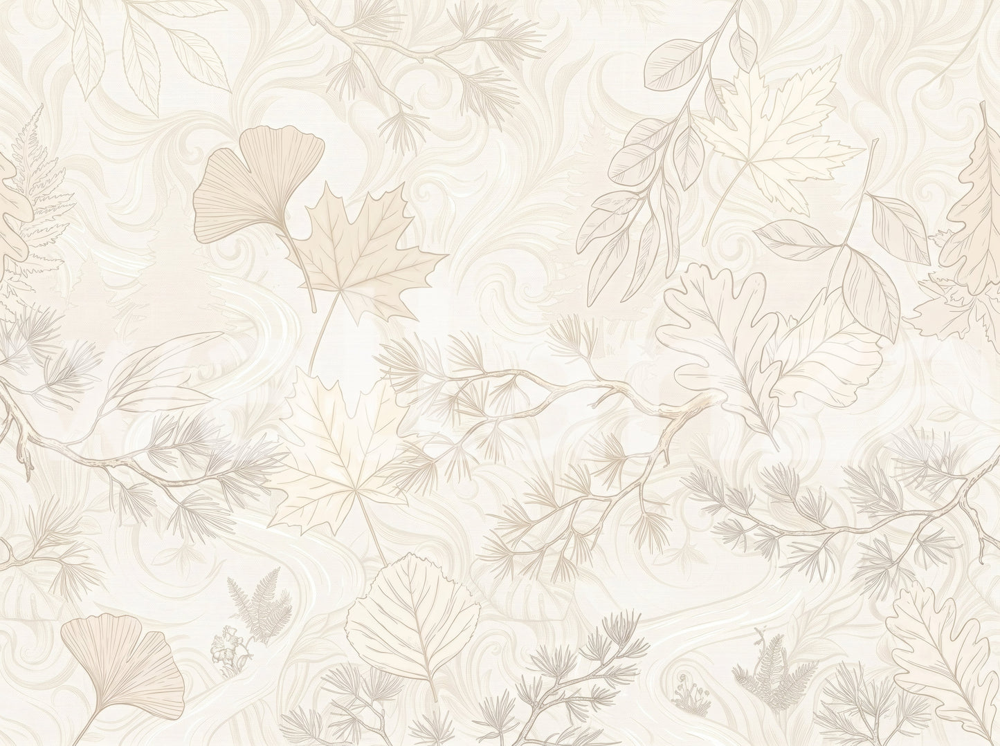 Cream Botanical Leaf Line Art Wallpaper Wall Mural