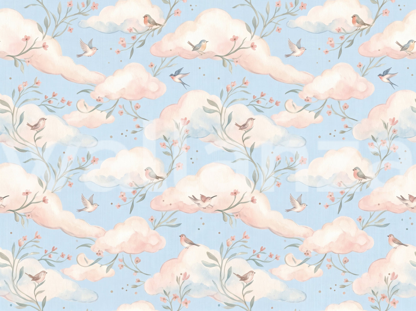 Whimsical Watercolor Birds and Blush Clouds Wallpaper Wall Mural
