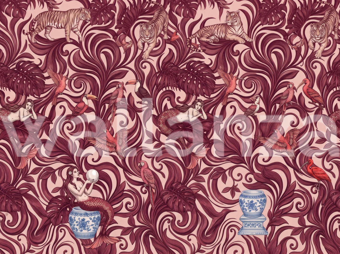 Enchanted Jungle Mermaid Botanical Crimson Wallpaper Wall Mural