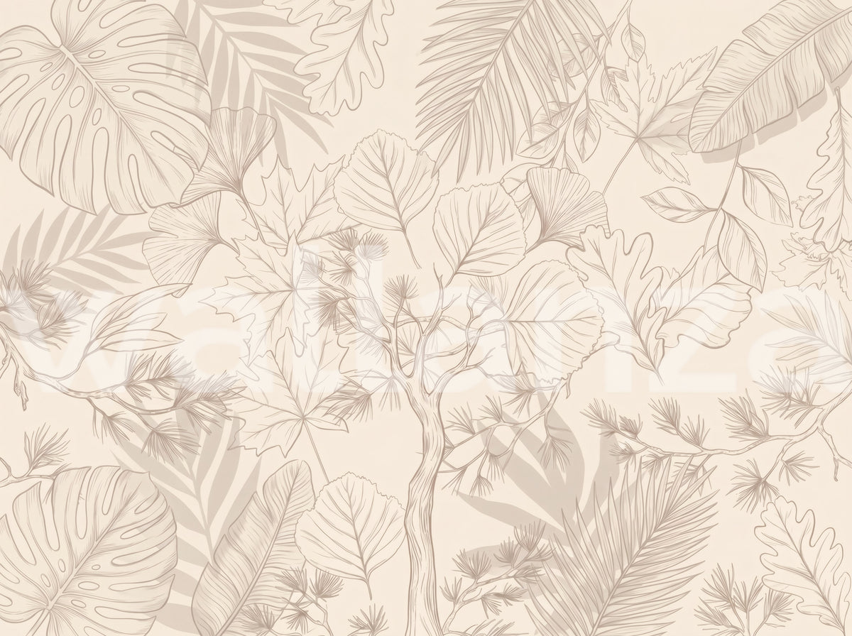 Cream Botanical Line Art Nature Wall Mural