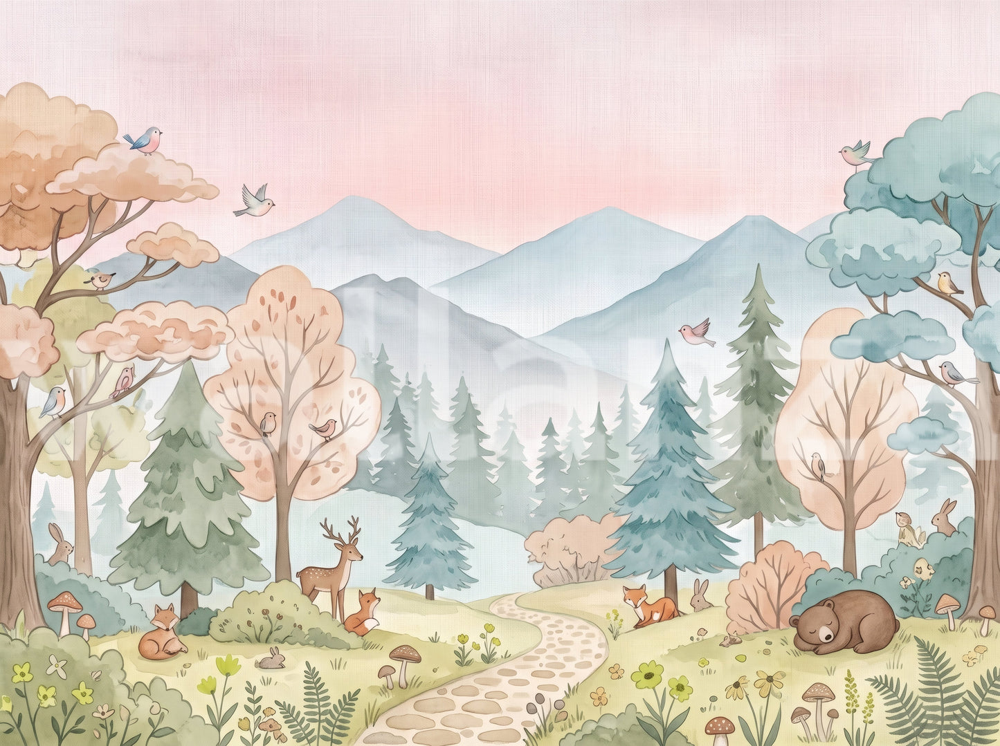 Enchanted Woodland Friends Soft Pink Landscape Wall Mural