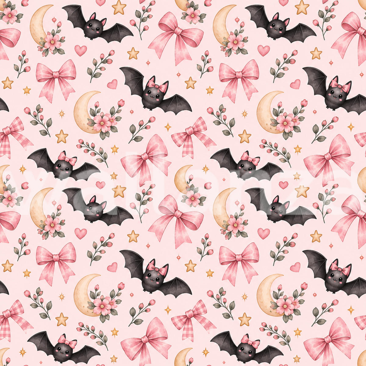 Cute Kawaii Bat and Pink Bow Pattern Wallpaper