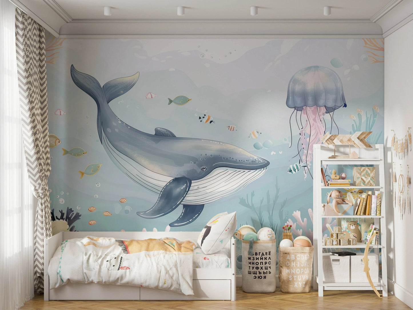 Nursery wall mural with whale and coral reef art