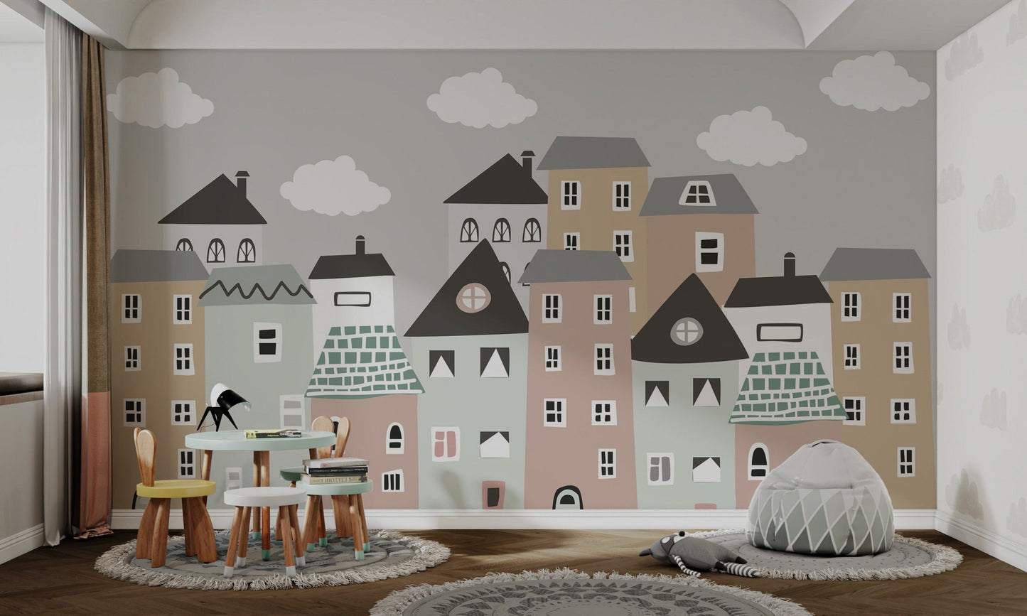 Playful nursery mural showcasing whimsical house designs.
