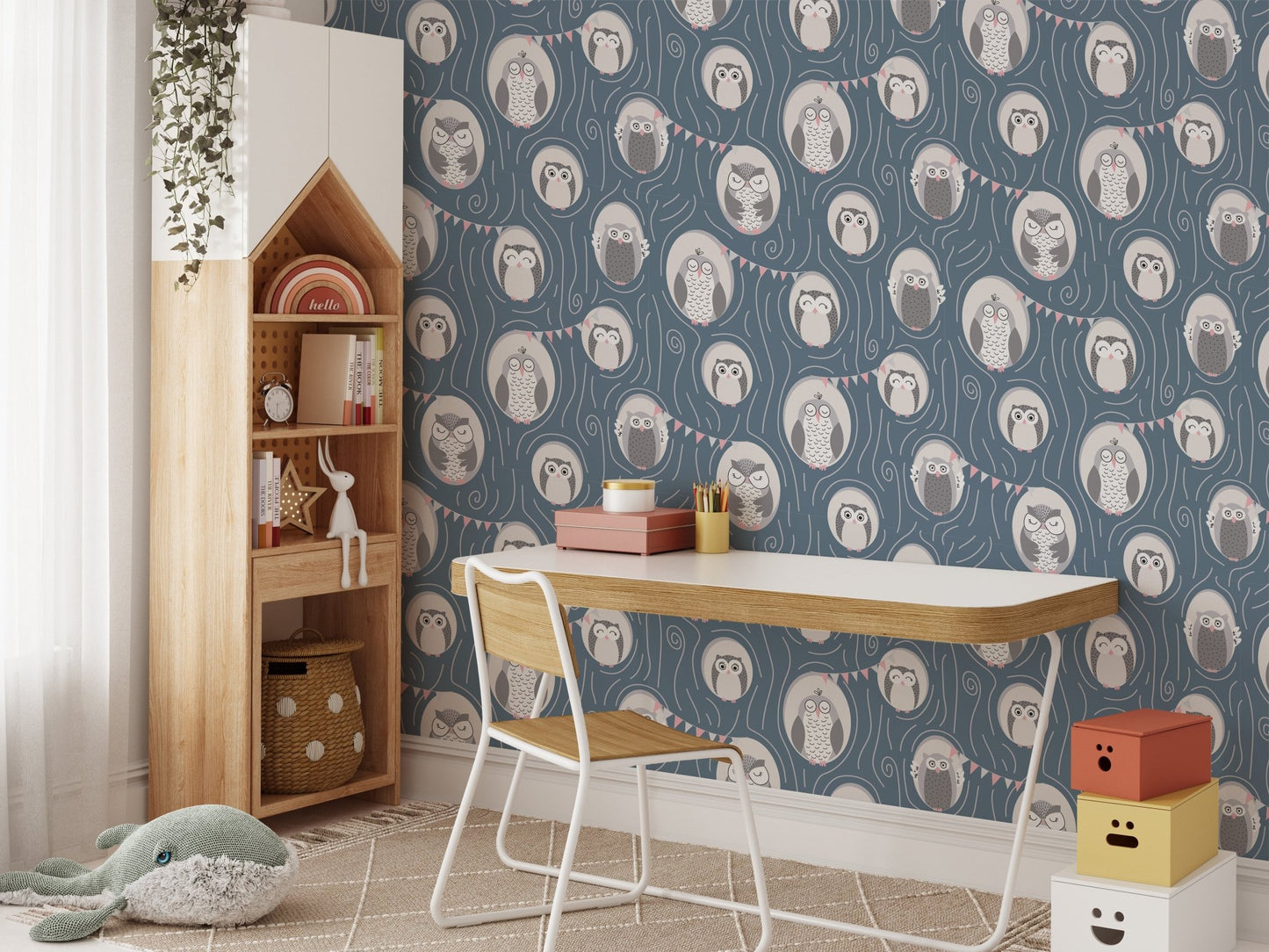 Whimsical Owls in Tree Repeat Pattern Wallpaper used as a feature wall in kids study area.