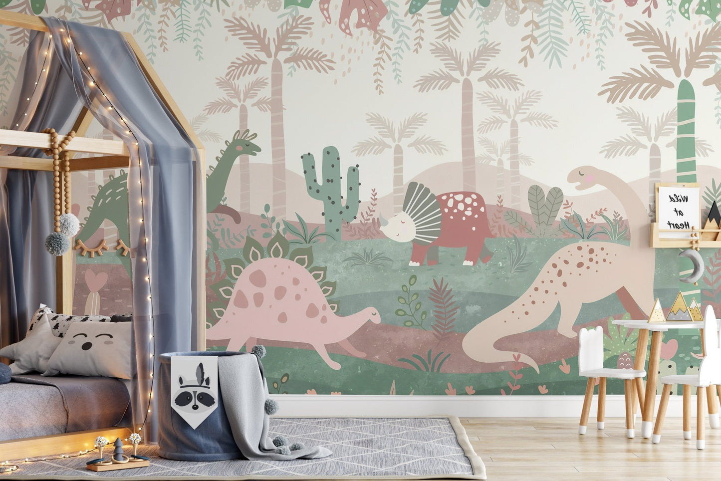 Pastel dinosaur mural in modern children's bedroom.