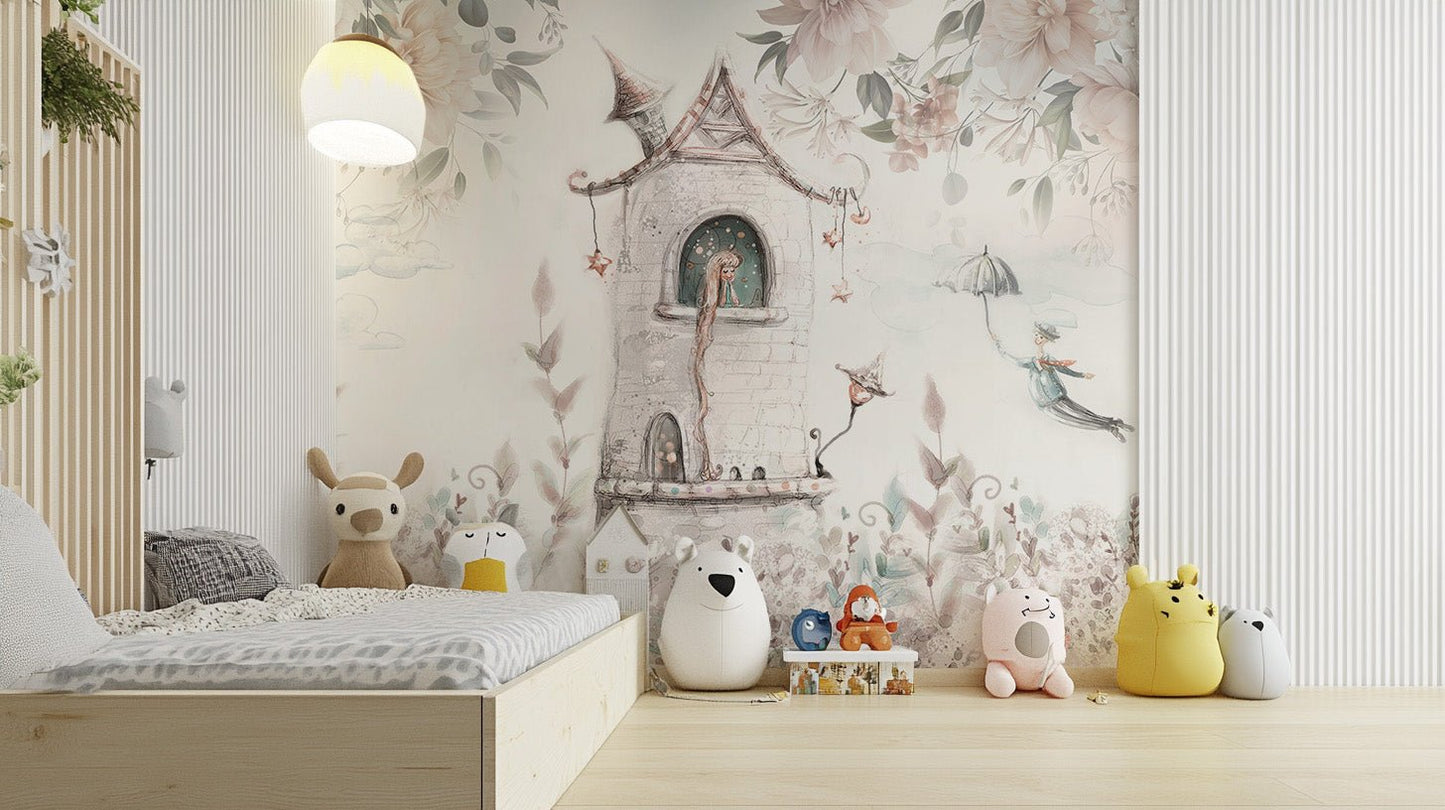 Illustrated princess tower wall mural in light neutral color scheme.