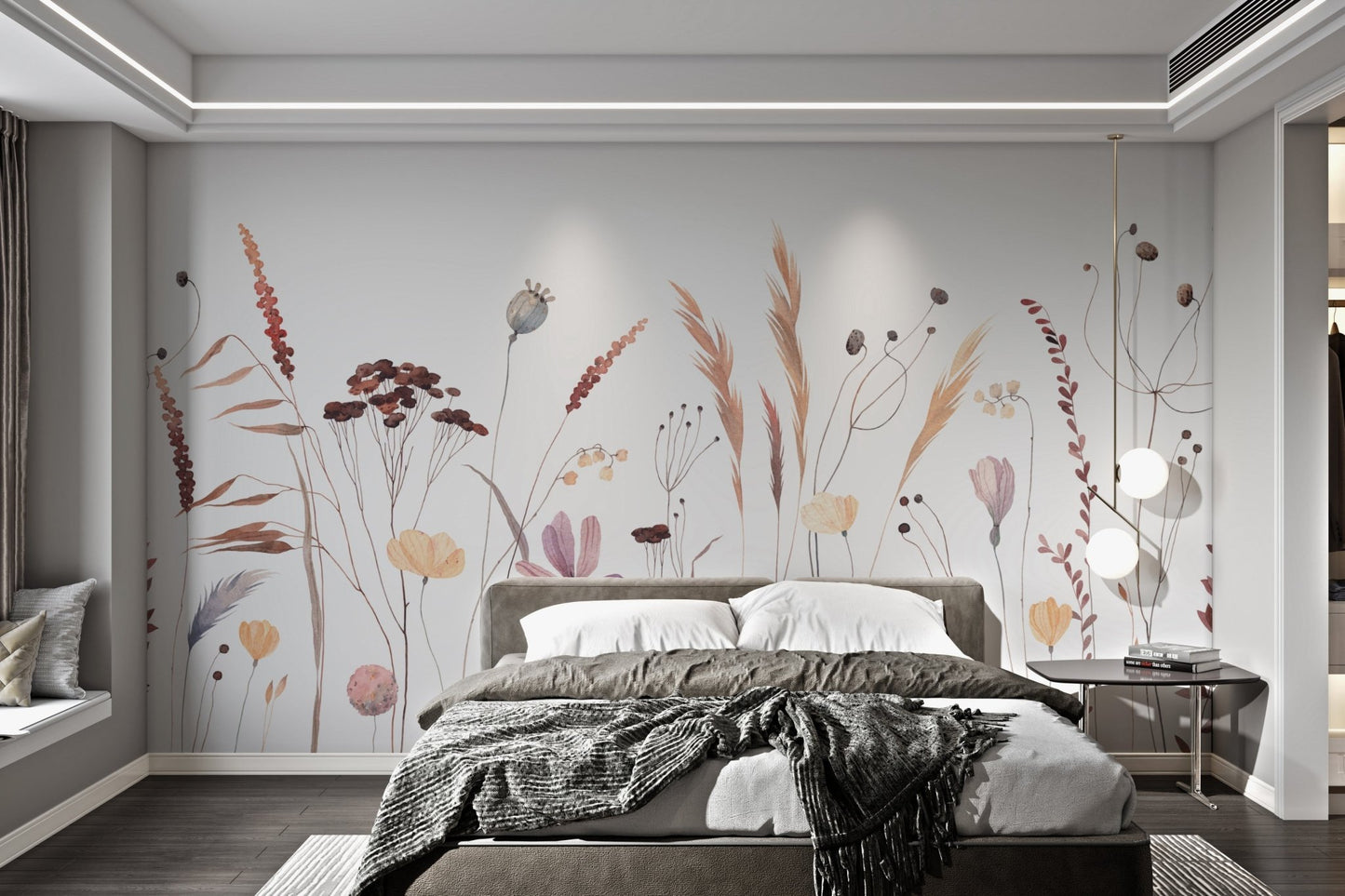 Whimsical floral art mural with hand-painted wildflowers for bedroom walls.