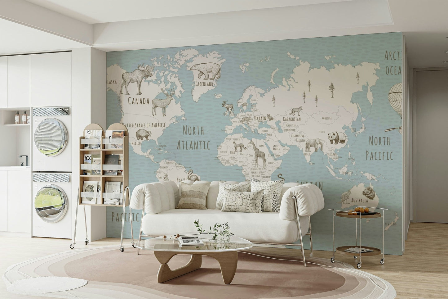 Creative world map wall mural with hot air balloon art.