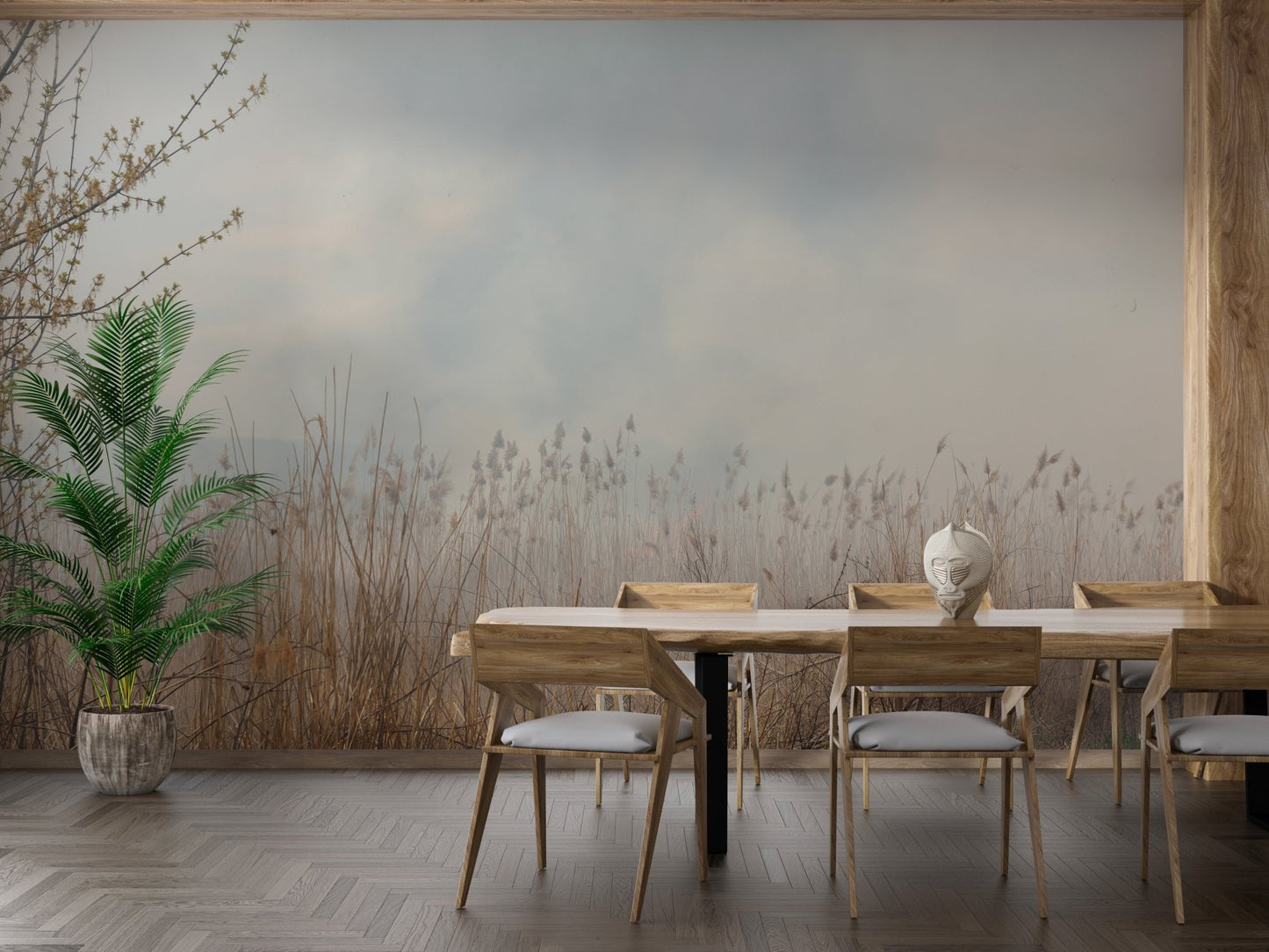 Modern dining space with black framed windows and reed design wall mural.