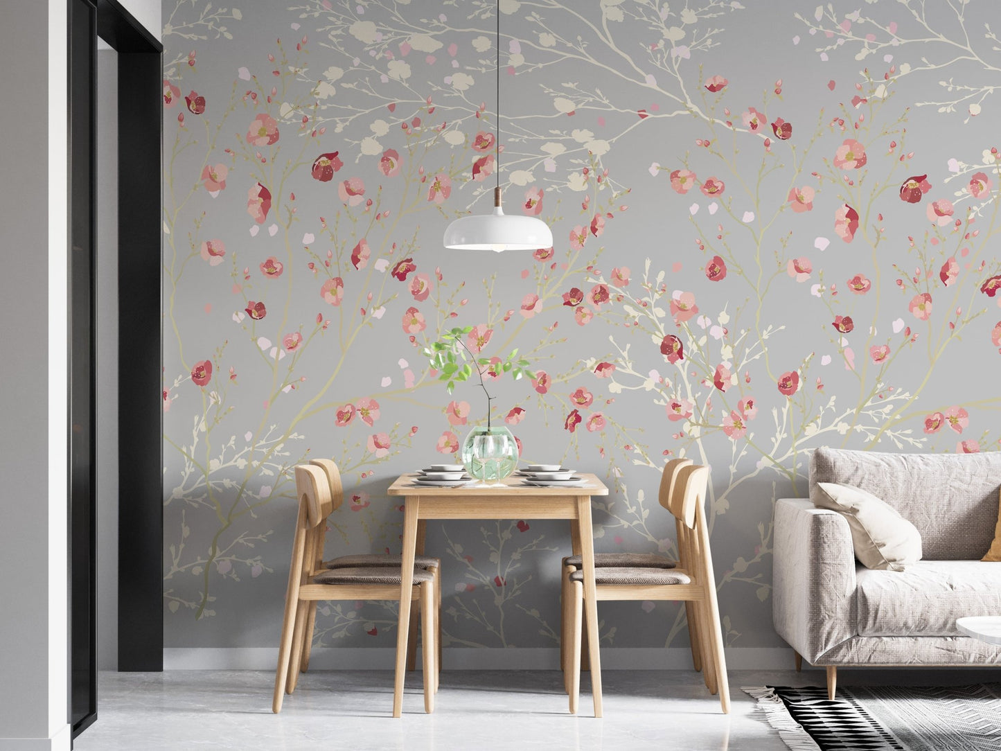 Small dining space featuring red and white floral wall mural