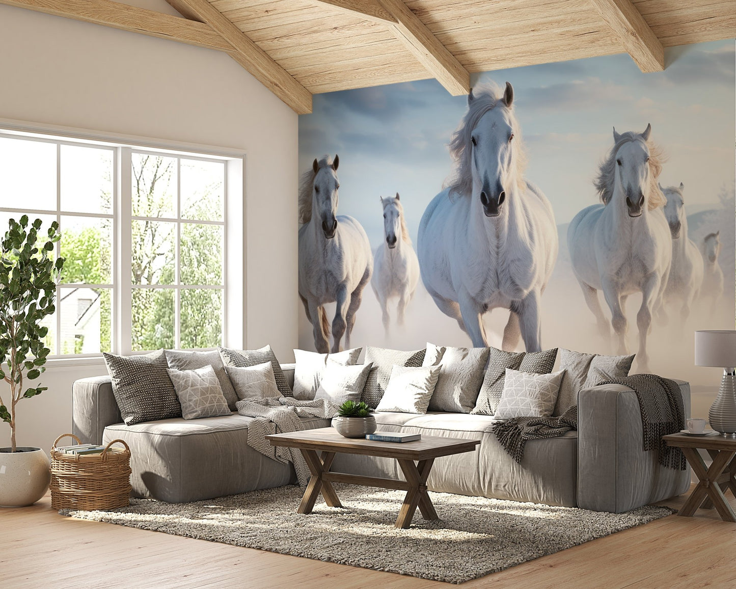 White Stallions in Snow Wallpaper - Wallanza