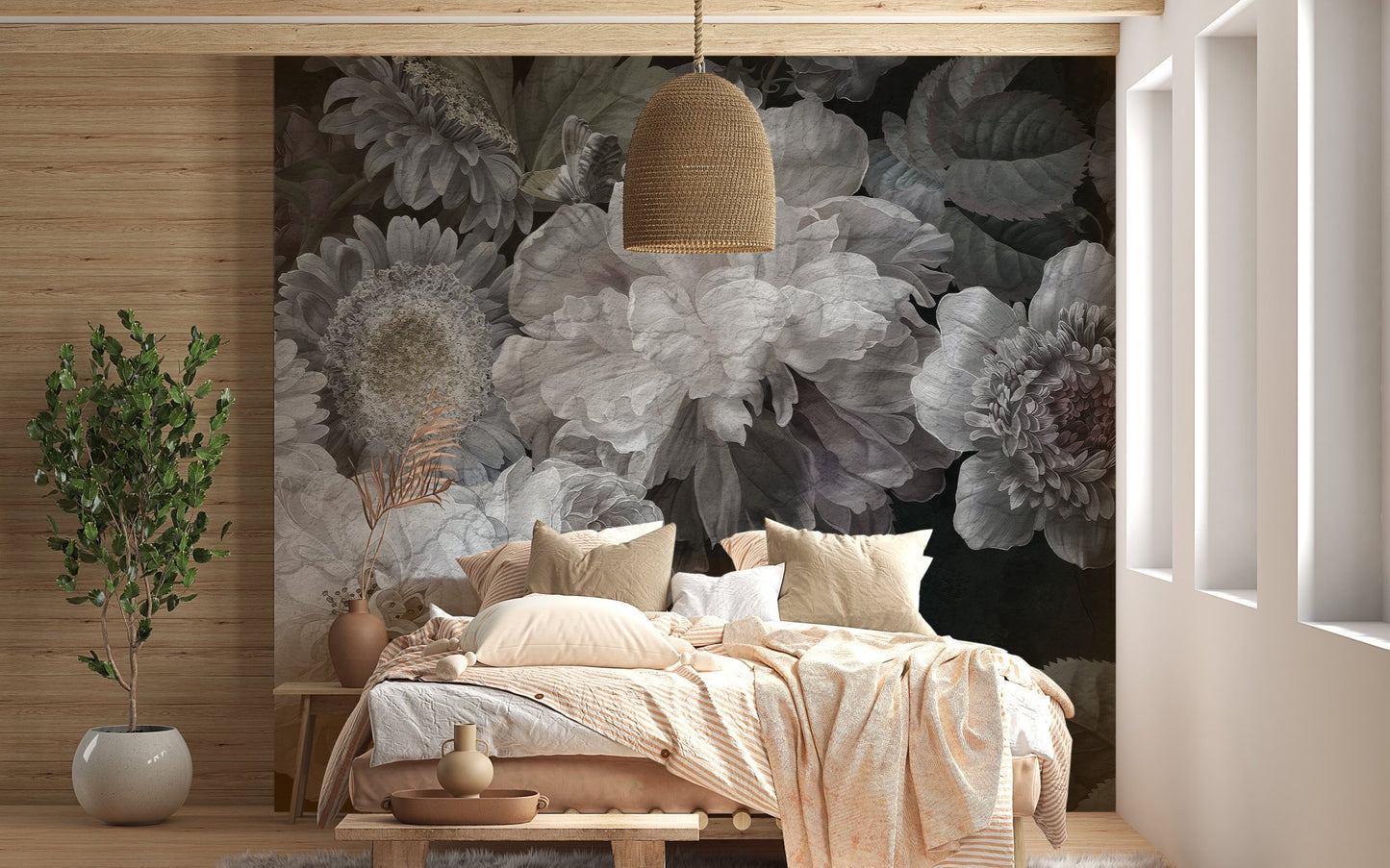 Textured wildflower wall mural in a bedroom with warm wood accents.