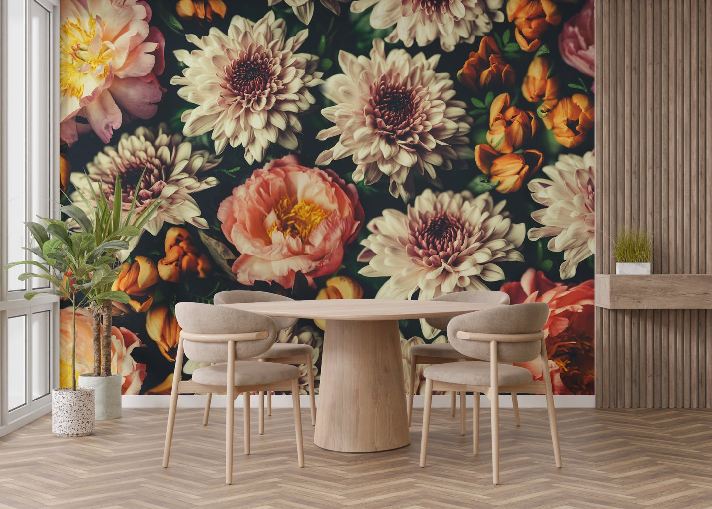 Stylish floral wall mural for a modern dining interior