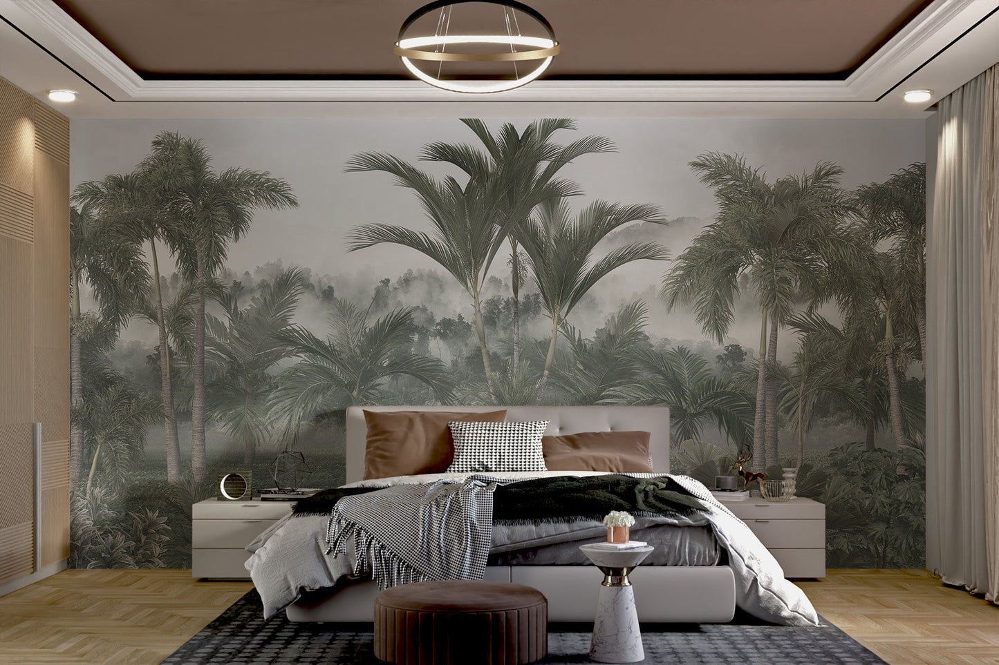 Wild Tropical Palm Leaves Peel and Stick mural in a master bedroom.