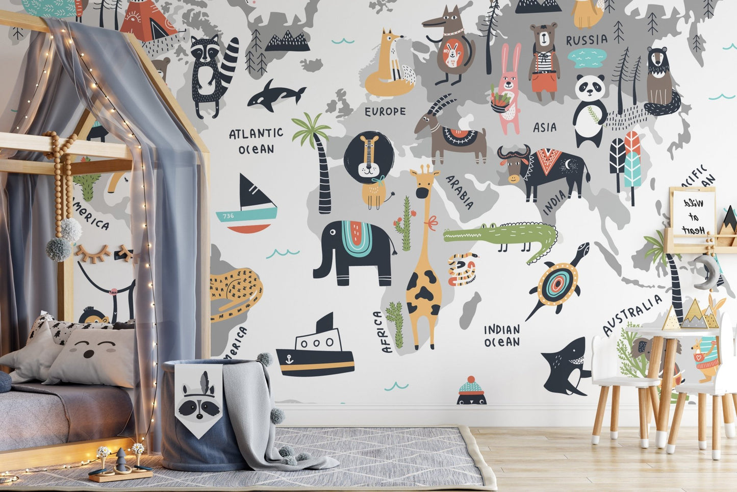 Wild Wonders wall mural featuring global animals and nature in kids bedroom.