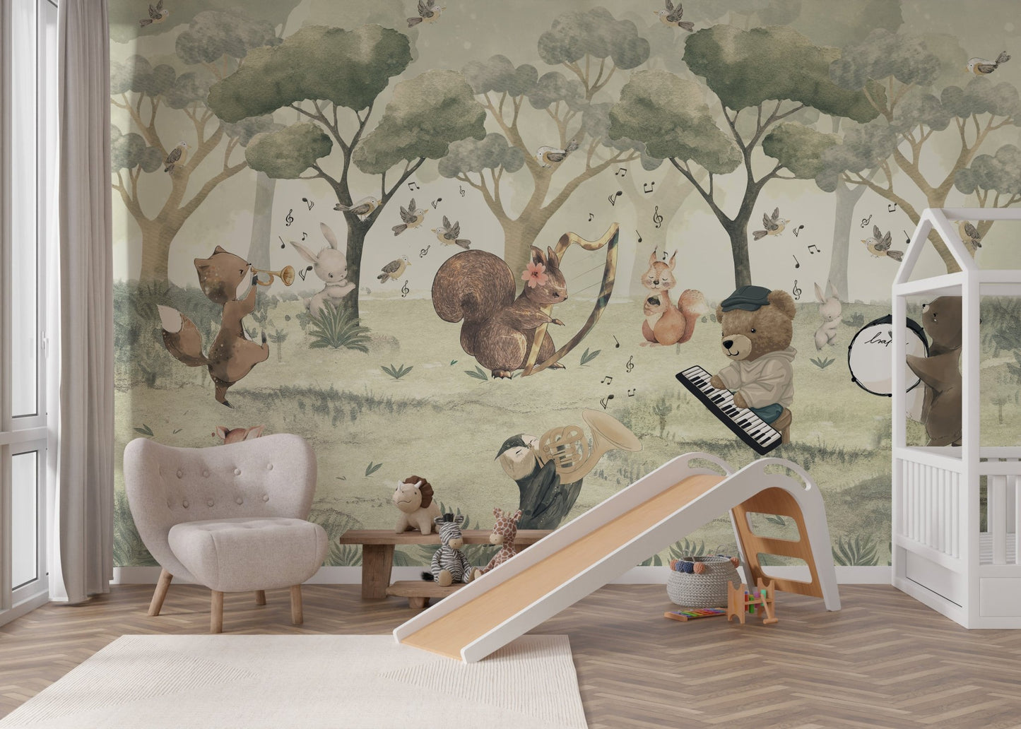 Musical notes floating around forest animals in a sage green scenery mural.