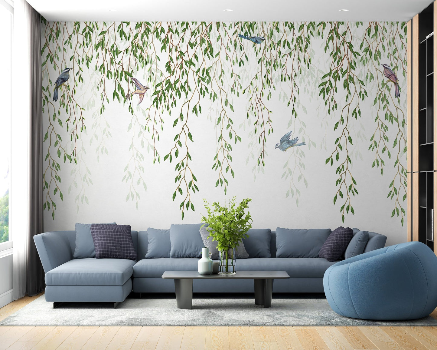Tranquil Birds and Willow Branches Mural for living space Interiors.