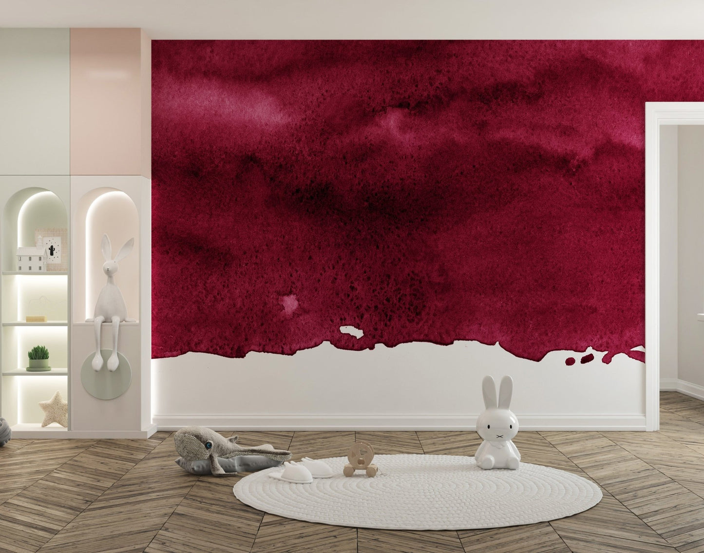 Bold wine-inspired mural creating a striking visual impact in kids room.