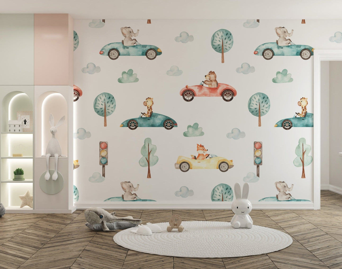 Woodland car pattern wallpaper in soft pastel color palette.