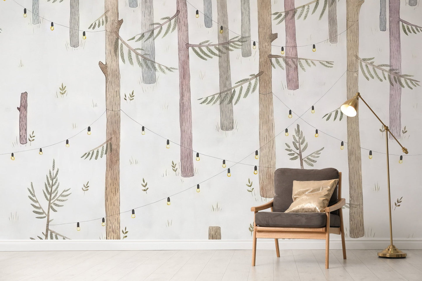 Minimal tree pattern wallpaper mural in soft woodland lights.