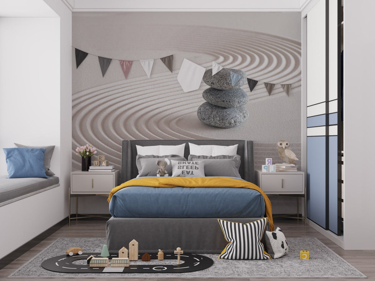 Serene sand wave wall mural with stacked pebble centerpiece.